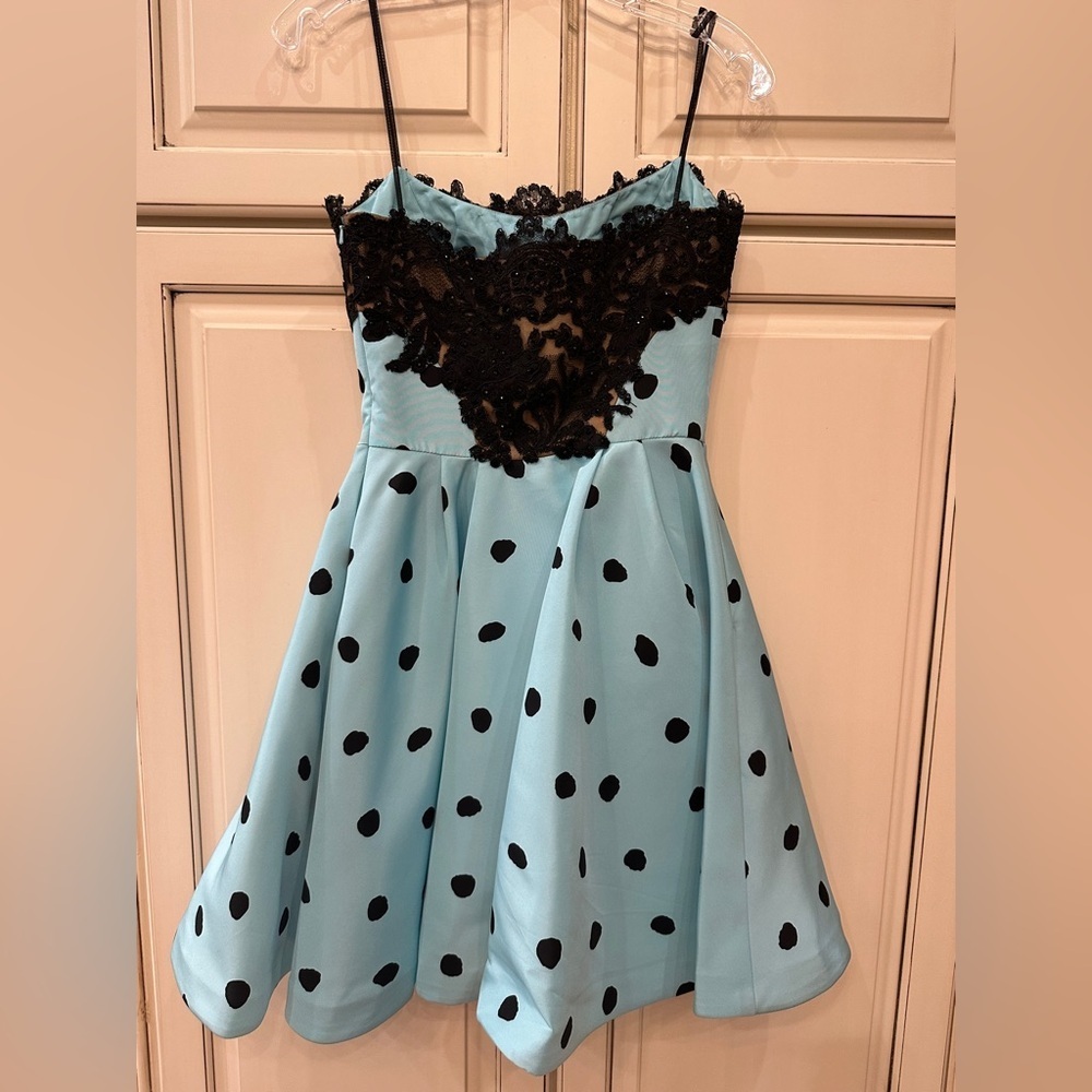 Sherri Hill Black and Blue Polka Dot Formal Dress - Picture 4 of 9